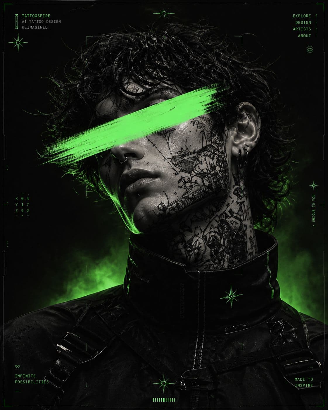 TattooSpire — AI tattoo design reimagined. Heavily tattooed model with cyberpunk styling, lit in signature green