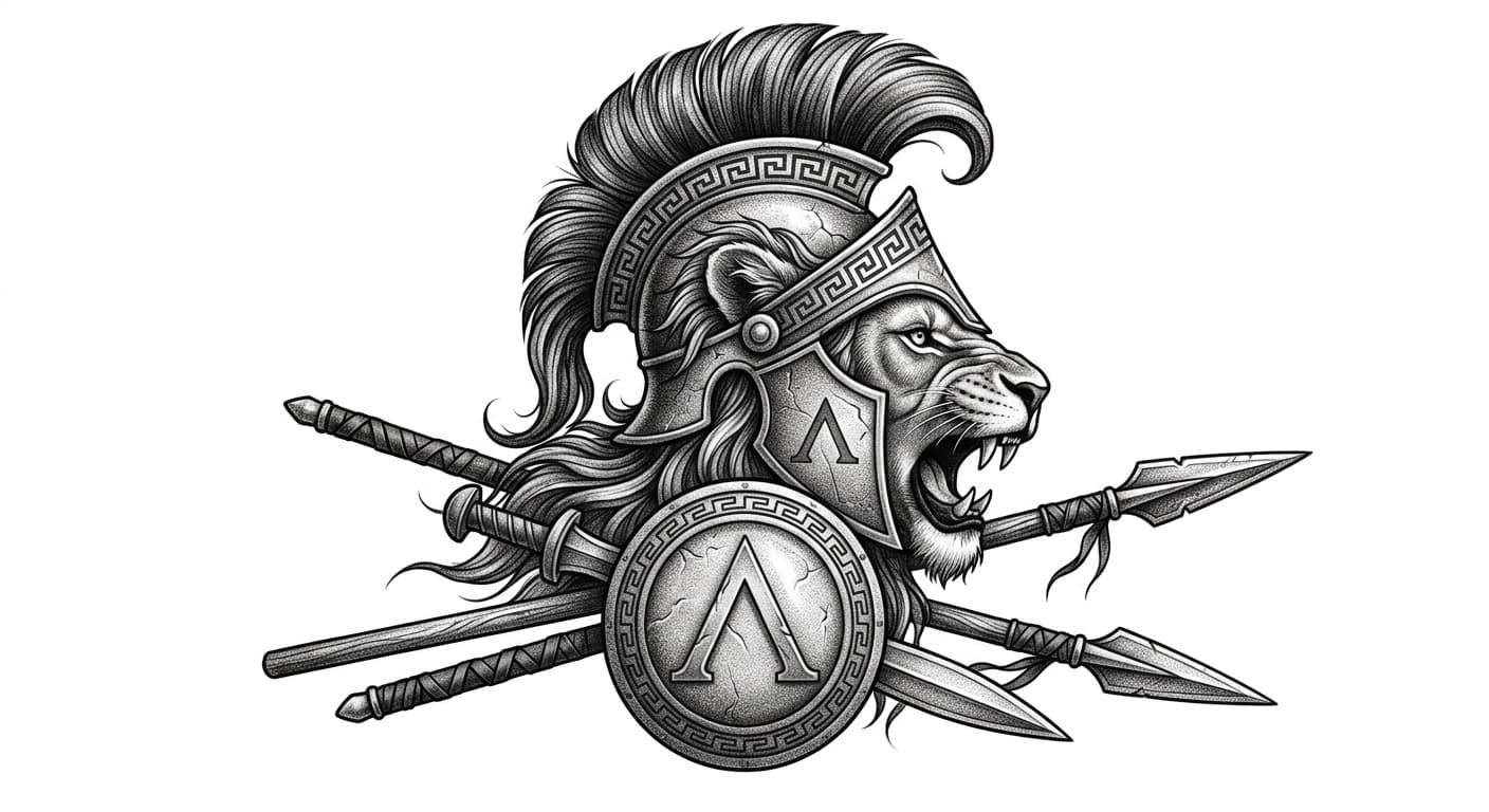 Black and grey Spartan lion tattoo flash design with realistic shading