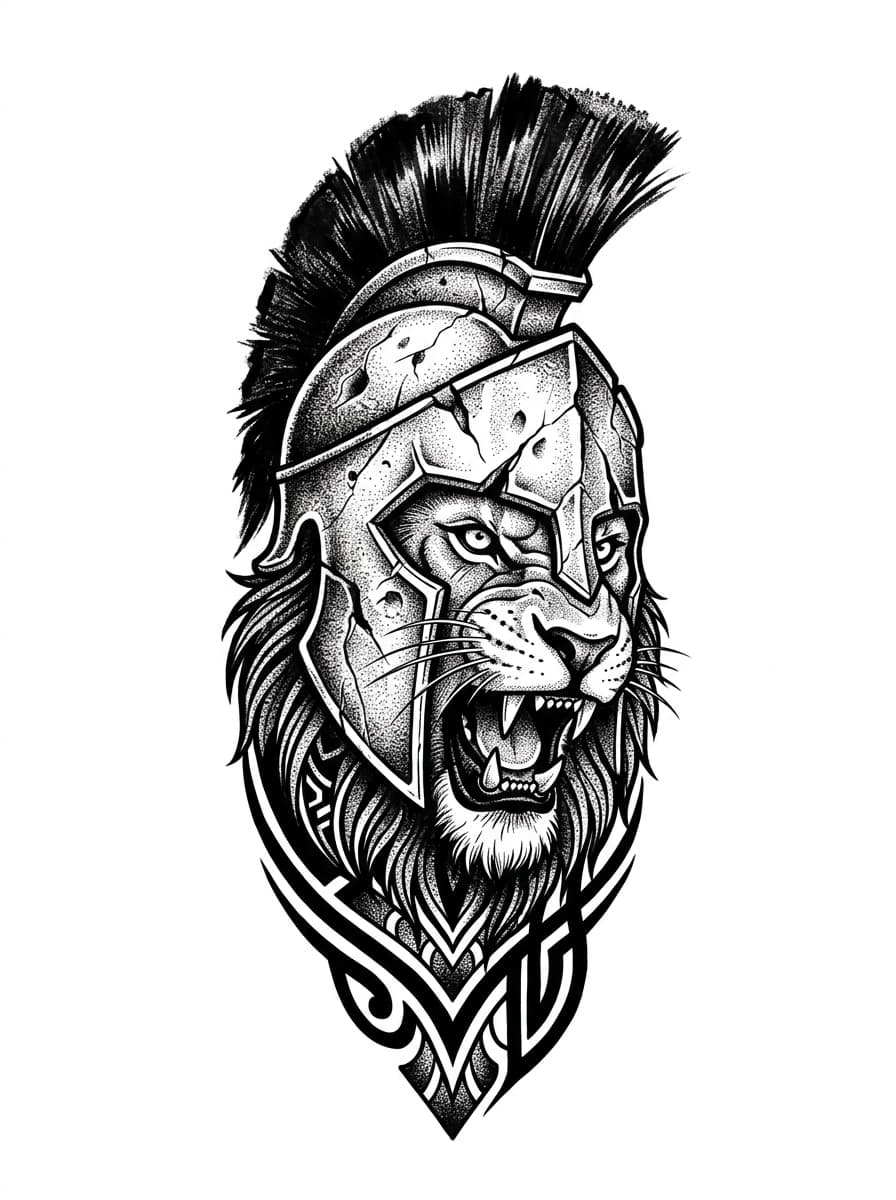 Dark and aggressive Spartan lion wearing a battle-damaged helmet, intricate blackwork tattoo