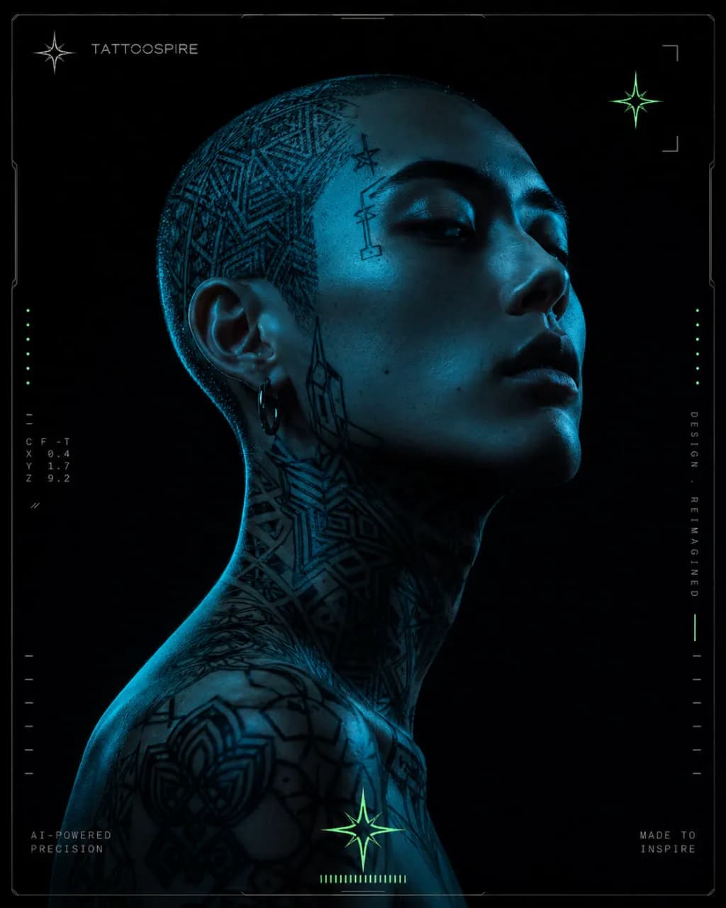 Blue neon tattoo model used as Tattoo Design Guide artwork