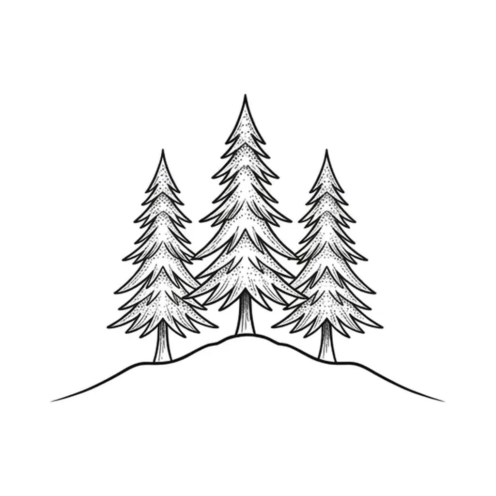 fine line pine tree tattoo, three small pine trees on a ridge line, minimal botanical linework, pure white inspiration