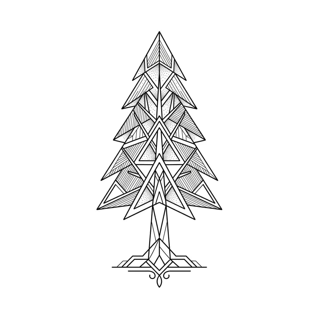 fine line pine tree tattoo, geometric pine tree with angular triangular branches, crisp black fine lines, pure white inspiration