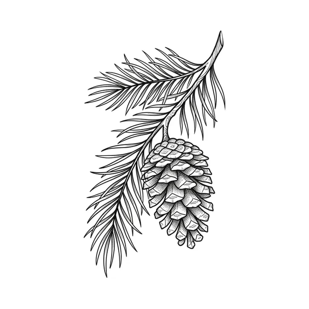 fine line pine tree tattoo, pine branch sprig with pinecone, botanical illustration style fine linework, pure white inspiration