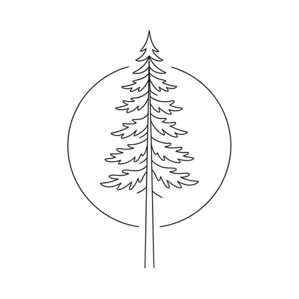 fine line pine tree tattoo, single-needle pine tree inside thin circle frame, minimalist ornamental composition, pure white inspiration