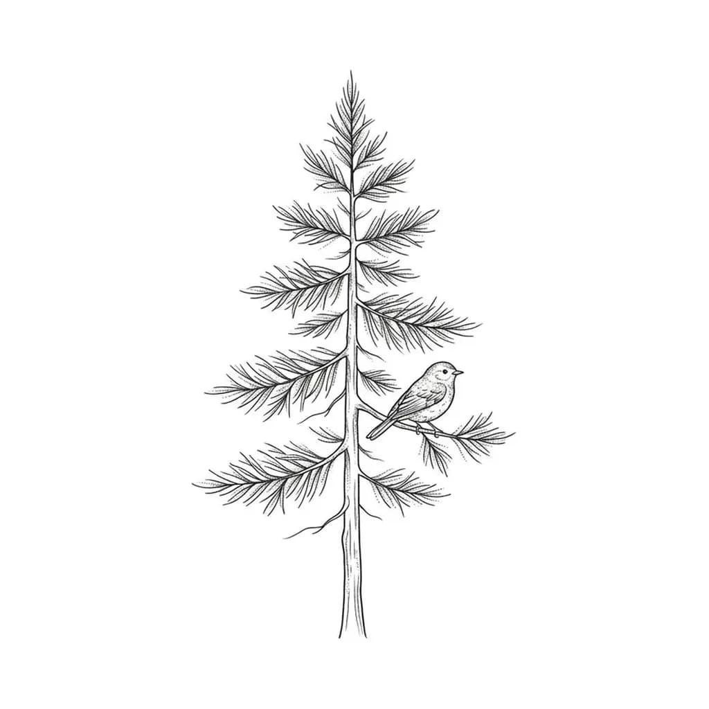 fine line pine tree tattoo, pine tree with bird perched on branch, delicate single-needle art, pure white inspiration