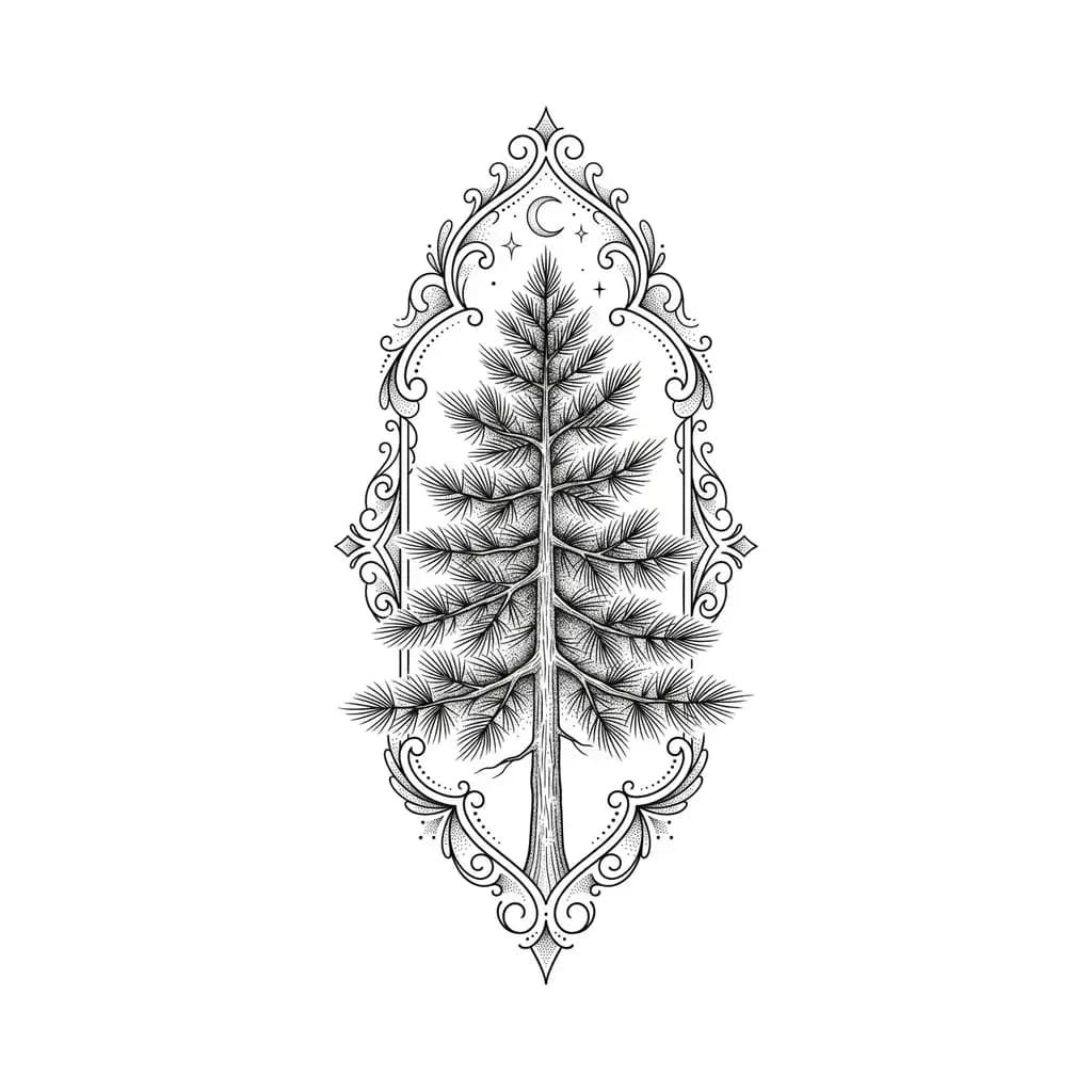 fine line pine tree tattoo, dotwork pine tree with stippled texture, ornamental fine line framing, pure white inspiration
