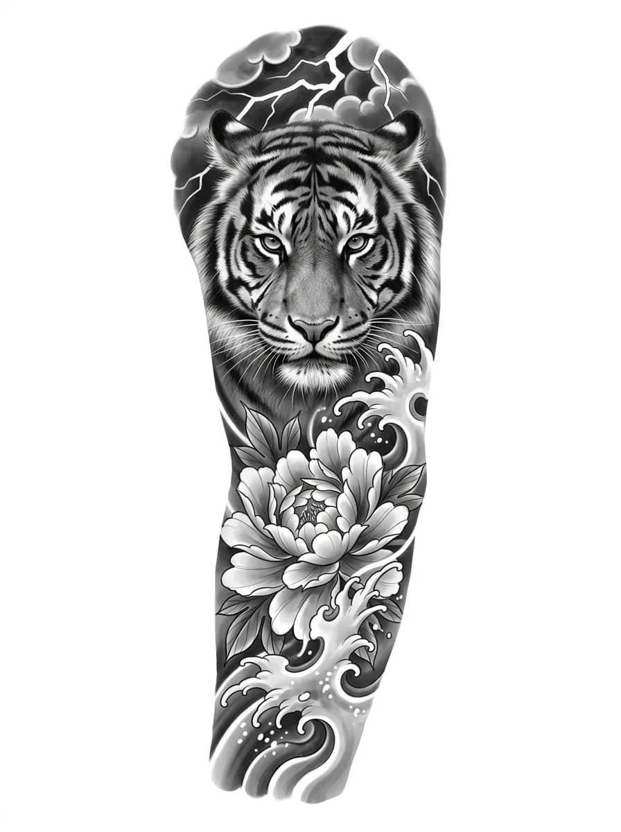 Japanese realism tattoo sleeve concept with realistic tiger face, peony flowers, misty waves, black and grey shading, clean tattoo flash on pure white background, no text inspiration