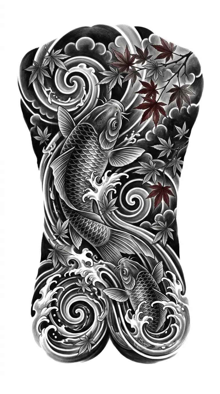 Japanese realism tattoo back piece concept with realistic koi fish, maple leaves, water flow, high contrast black and grey with small red accents, pure white background, no text inspiration