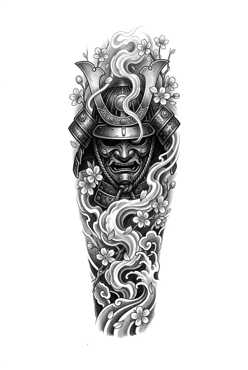 Japanese realism tattoo forearm design with realistic samurai mask, cherry blossoms, smoke flow, detailed but readable black and grey tattoo composition, pure white background, no text inspiration