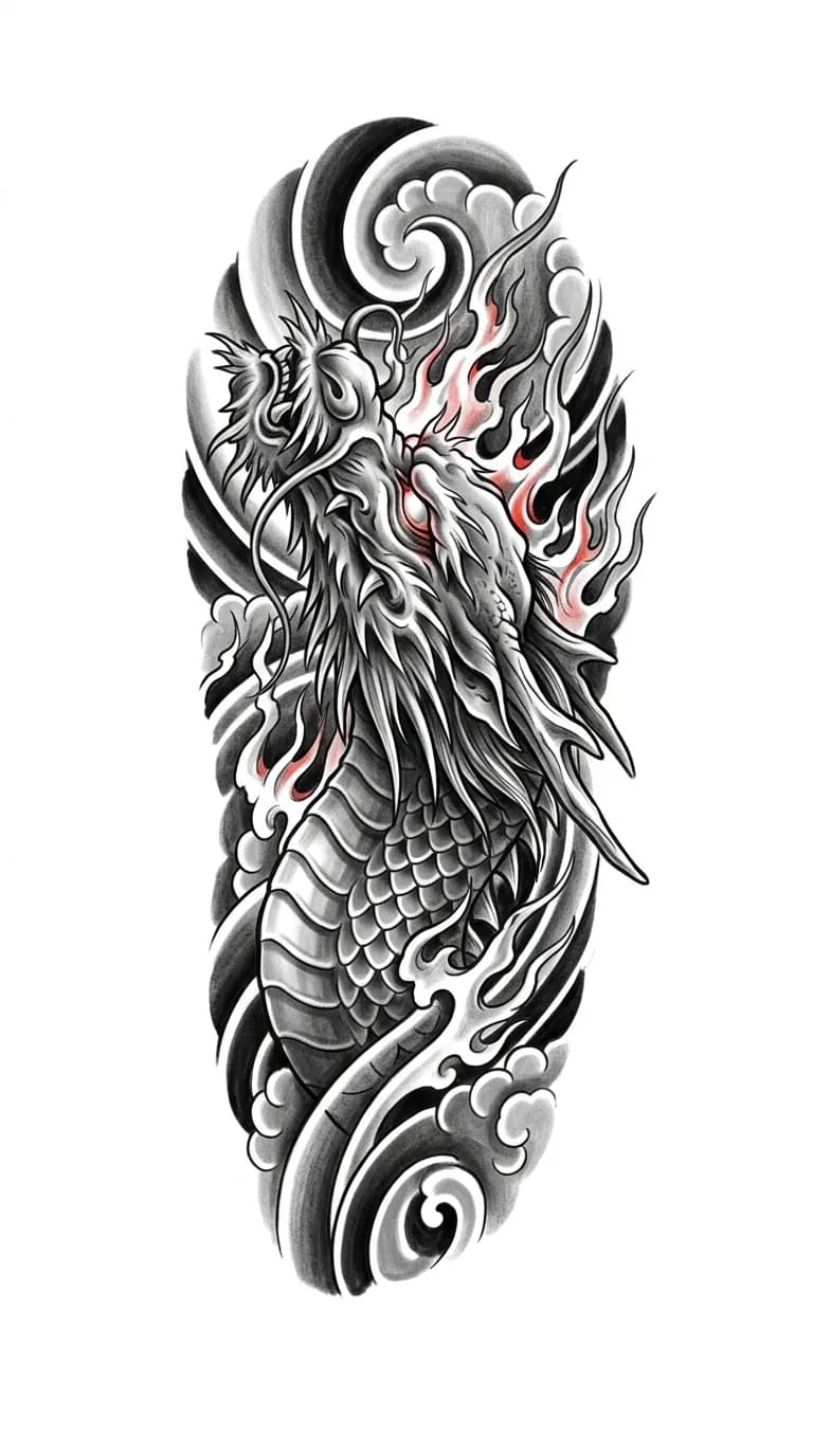 Japanese realism tattoo dragon concept, realistic dragon head and scales with irezumi-inspired cloud bars, black and grey realism with red accent, vertical tattoo flash, pure white background, no text