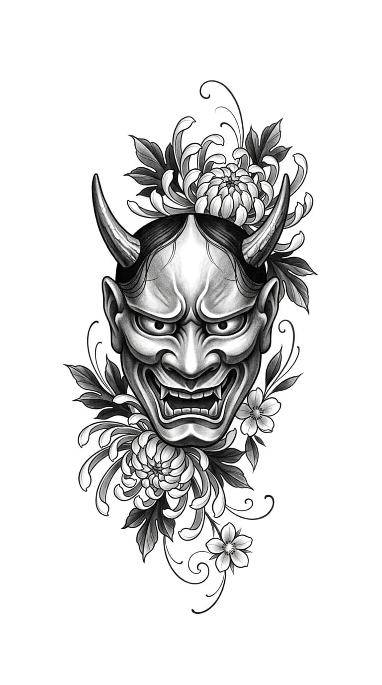 Japanese realism tattoo mask concept with realistic hannya mask, chrysanthemum flowers, soft greywash, high contrast readable tattoo design, pure white background, no text inspiration