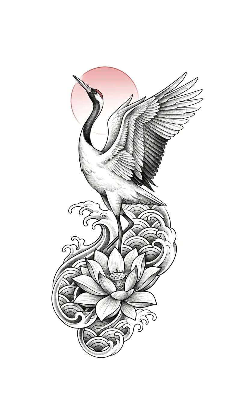 Japanese realism tattoo crane and lotus concept, elegant realistic crane with Japanese waves, fine feather detail simplified for tattooing, black and grey with subtle red sun accent, pure white background,