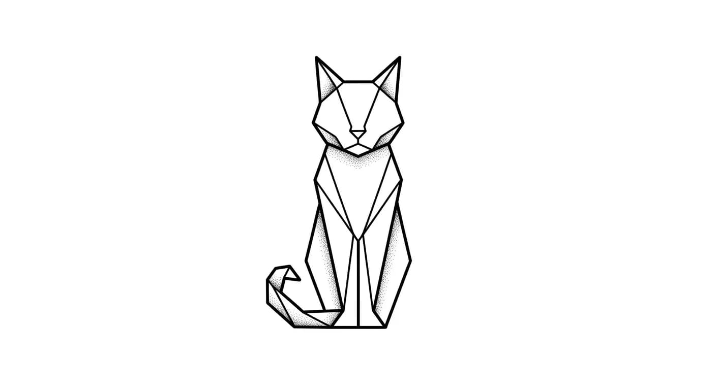 geometric minimalist cat outline tattoo flash, simple angular cat silhouette, crisp black lines, subtle dotwork, tattoo stencil quality, pure white inspiration