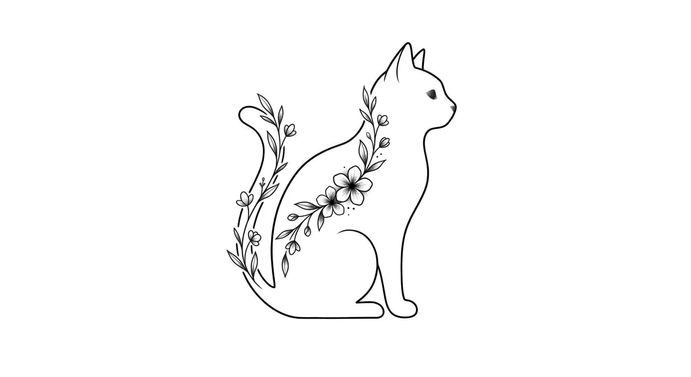 minimal cat outline floral tattoo flash, cat silhouette with tiny flower accent, polished fine-line tattoo, no sketchy strokes, pure white for minimalist cat outline tattoo inspiration