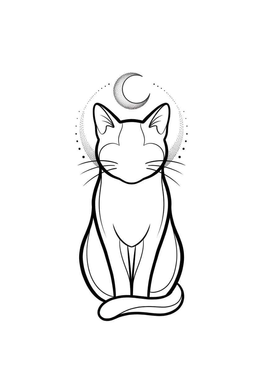 creative minimalist cat outline tattoo stencil, sitting cat formed with confident varied line weights plus tiny crescent moon and dotwork halo, tattoo-ready not one-line clip art inspiration