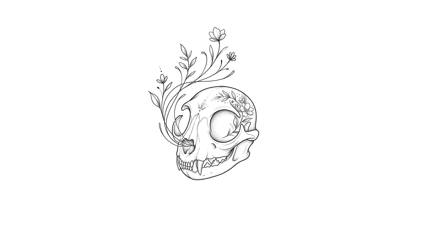 minimalist cat skull and whisker flower tattoo flash, refined fine-line cat face outline with small botanical accents, selective black shading, polished stencil for minimalist cat outline tattoo inspiration