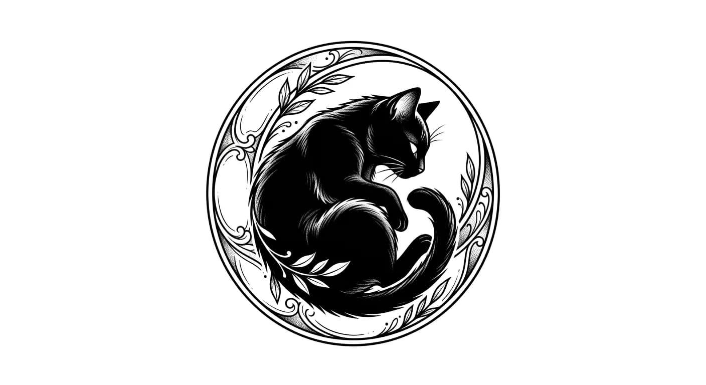 ornamental minimalist black cat tattoo stencil, curled cat in circular moon frame with negative-space highlights and delicate botanical accents, confident tattoo linework, pure white, not one-line icon for minimalist cat outline tattoo inspiration
