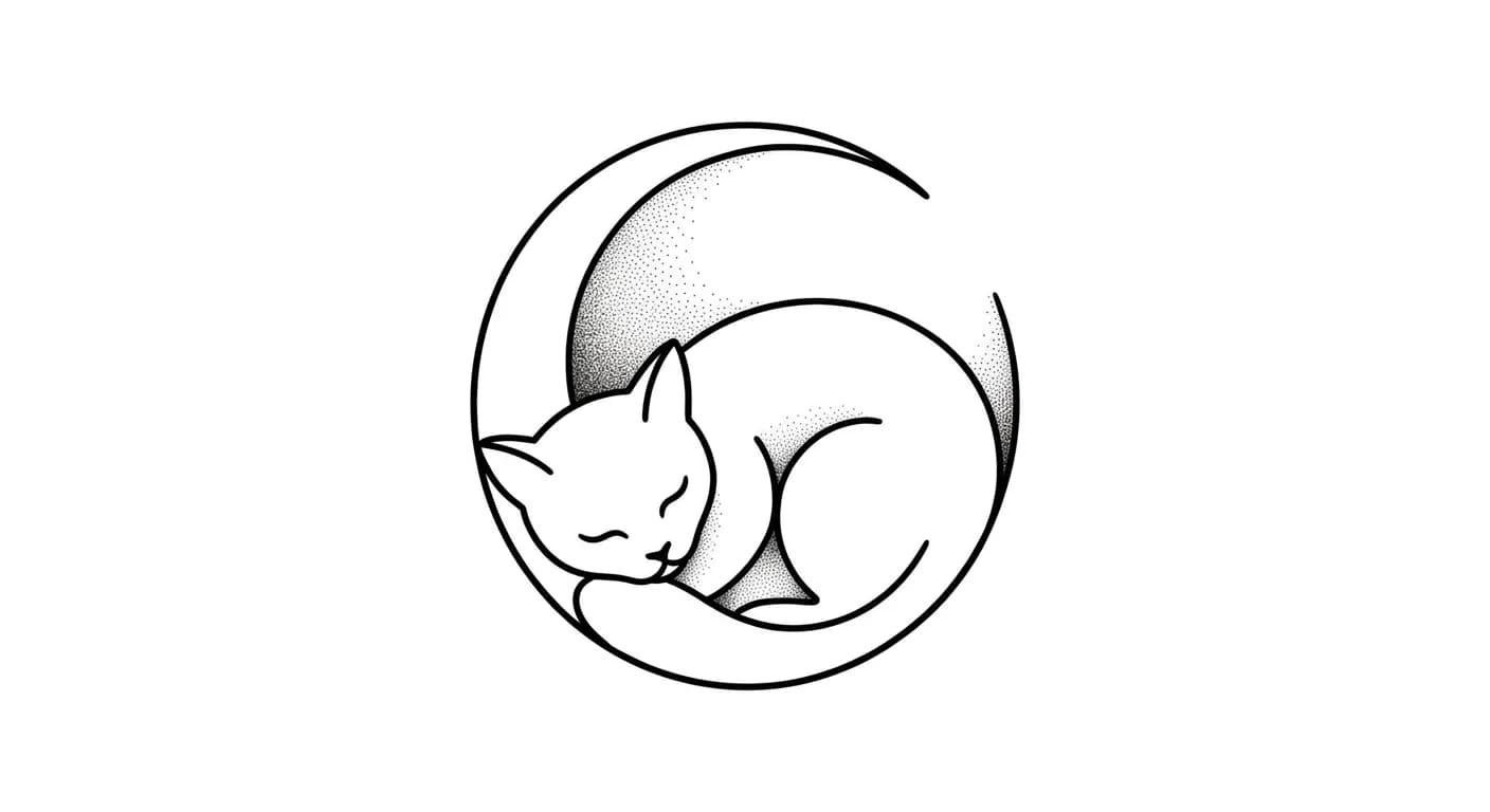curled sleeping cat outline tattoo, circular composition with tail forming moon shape, delicate dotwork shadow, crisp tattoo line hierarchy, pure white for minimalist cat outline tattoo inspiration