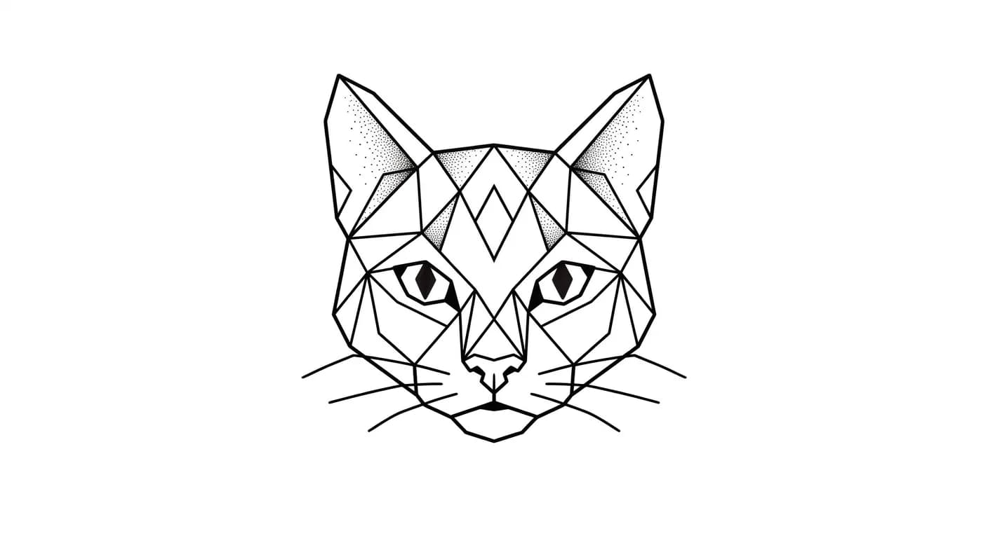 geometric minimalist cat outline tattoo, front-facing cat head built from clean angular ink lines and negative-space eyes, subtle dotwork, unique from side profiles inspiration