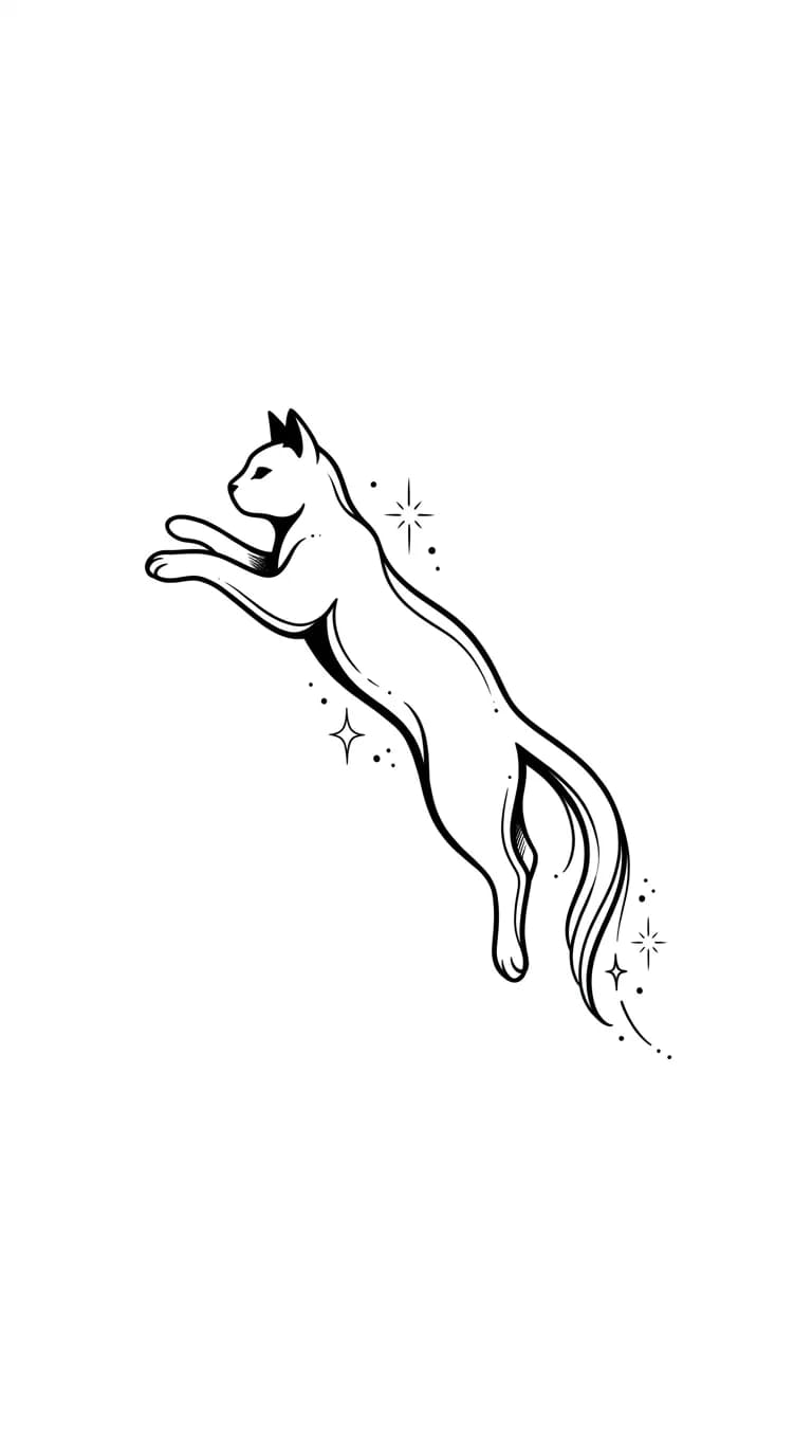 minimal black cat outline tattoo flash, leaping cat silhouette with flowing tail and small star accents, bold clean lines, tattooable not cartoon for minimalist cat outline tattoo inspiration