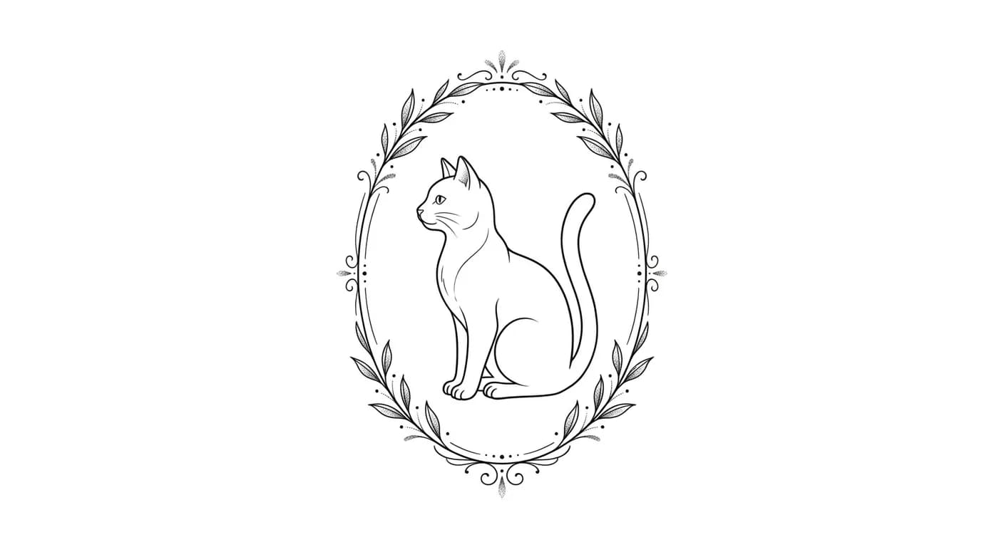 ornamental minimalist cat tattoo stencil, cat seated inside thin oval frame with tiny leaves and dotwork, elegant tattoo composition, no text for minimalist cat outline tattoo inspiration