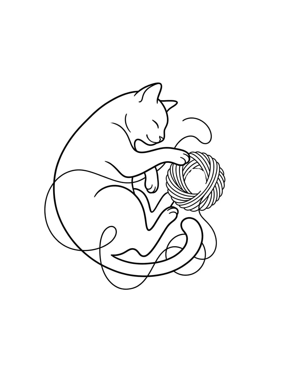 minimalist cat and yarn tattoo flash, curled cat outline with yarn ball negative-space motif, confident linework, creative but clean for minimalist cat outline tattoo inspiration