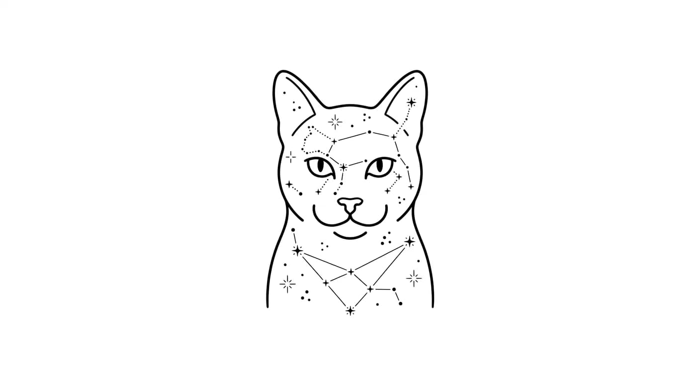 minimalist cat constellation tattoo stencil, cat face outline with tiny dot-and-line stars inside silhouette, tattoo-ready black ink, not flat icon for minimalist cat outline tattoo inspiration