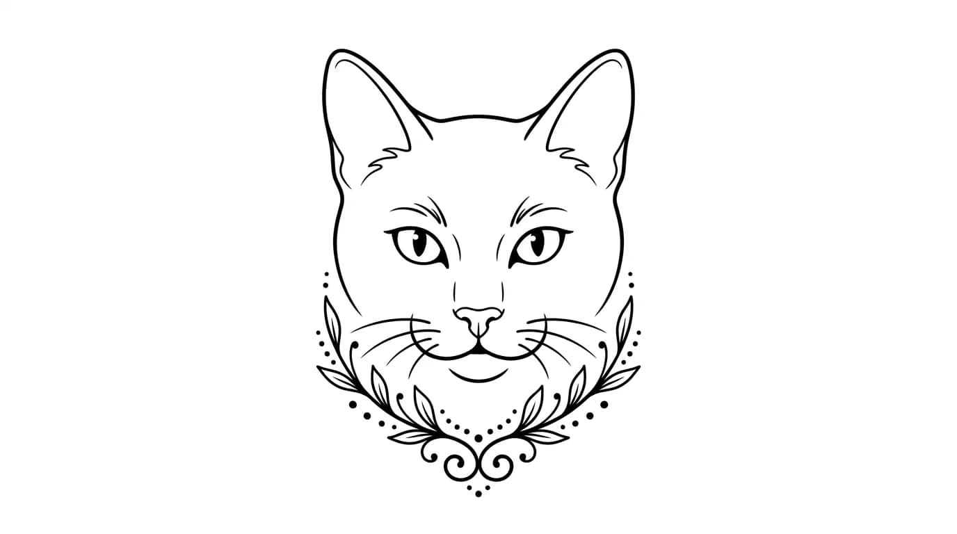 minimalist cat portrait outline tattoo, front-facing cat ears and eyes with floral ornamental lower frame, varied line weight, refined tattoo stencil for minimalist cat outline tattoo inspiration