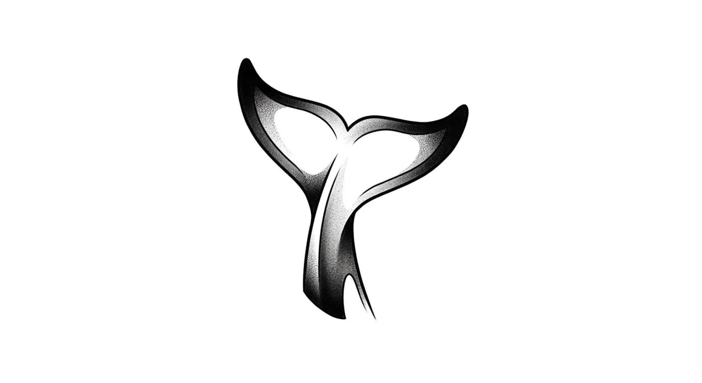 minimalist orca tail tattoo flash, strong black tail fluke silhouette, clean negative space, professional tattoo stencil, no scribble, pure white for minimalist orca tattoo inspiration
