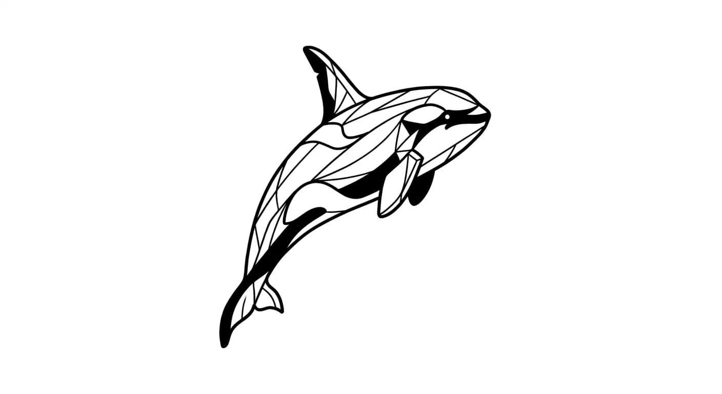 geometric minimalist orca tattoo flash, killer whale side profile with subtle geometric line accents, crisp stencil-ready black ink, pure white inspiration