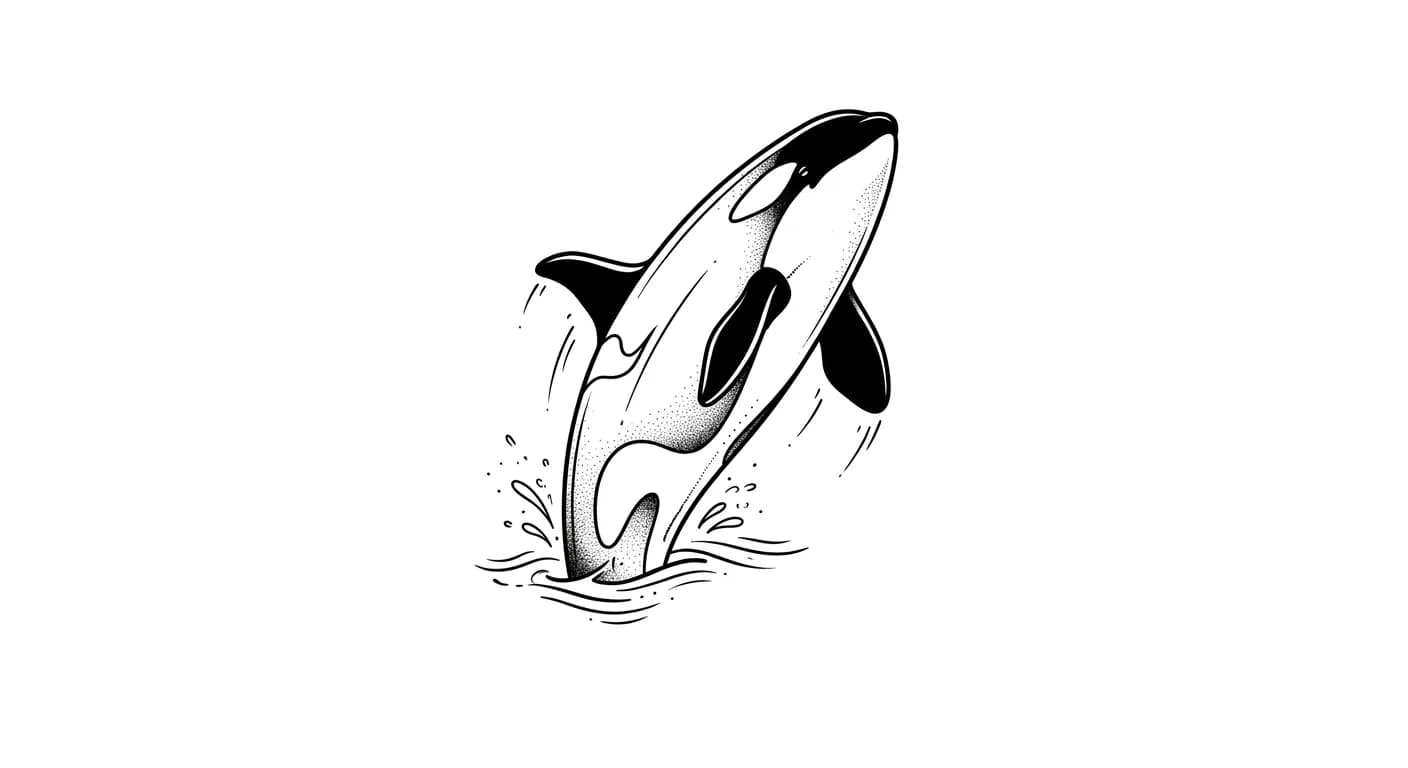 minimalist orca tattoo flash, breaching orca in three-quarter upward pose, bold black saddle patch shapes, fine water-line accent, tattoo-ready not side-profile duplicate inspiration