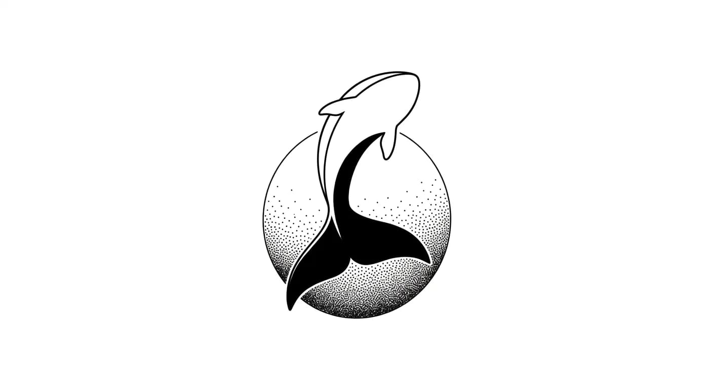 blackwork orca tail tattoo stencil, large tail fluke with implied curved body in negative space, heavy black fills, dotwork ocean circle, pure white for minimalist orca tattoo inspiration