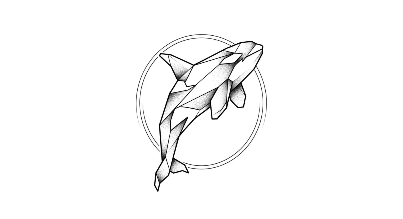 geometric minimalist orca tattoo, orca built from angular black shapes inside thin circle frame, distinct front diagonal composition, refined tattoo linework inspiration