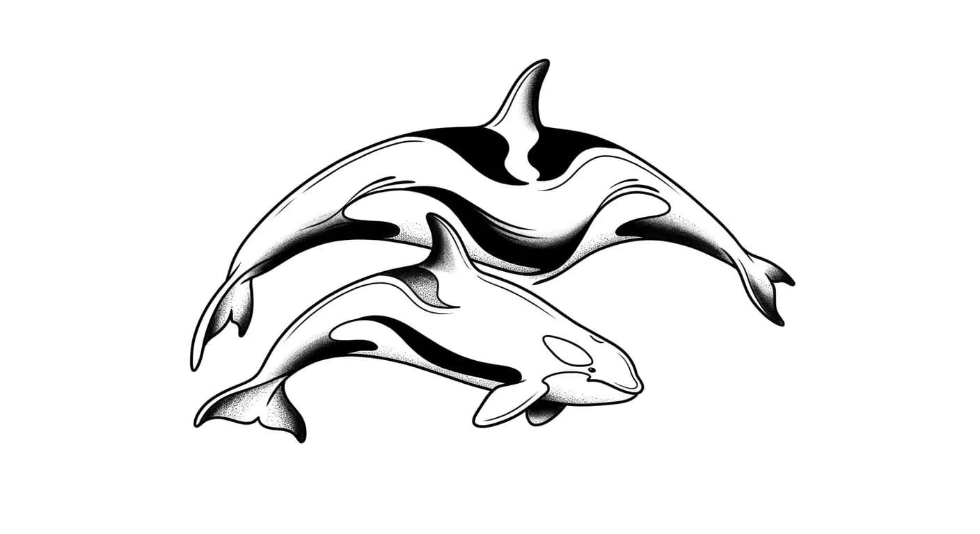 minimalist mother and calf orca tattoo flash, two different-sized whales crossing in opposite curves, clean negative space, selective shading, no repeated side profile for minimalist orca tattoo inspiration