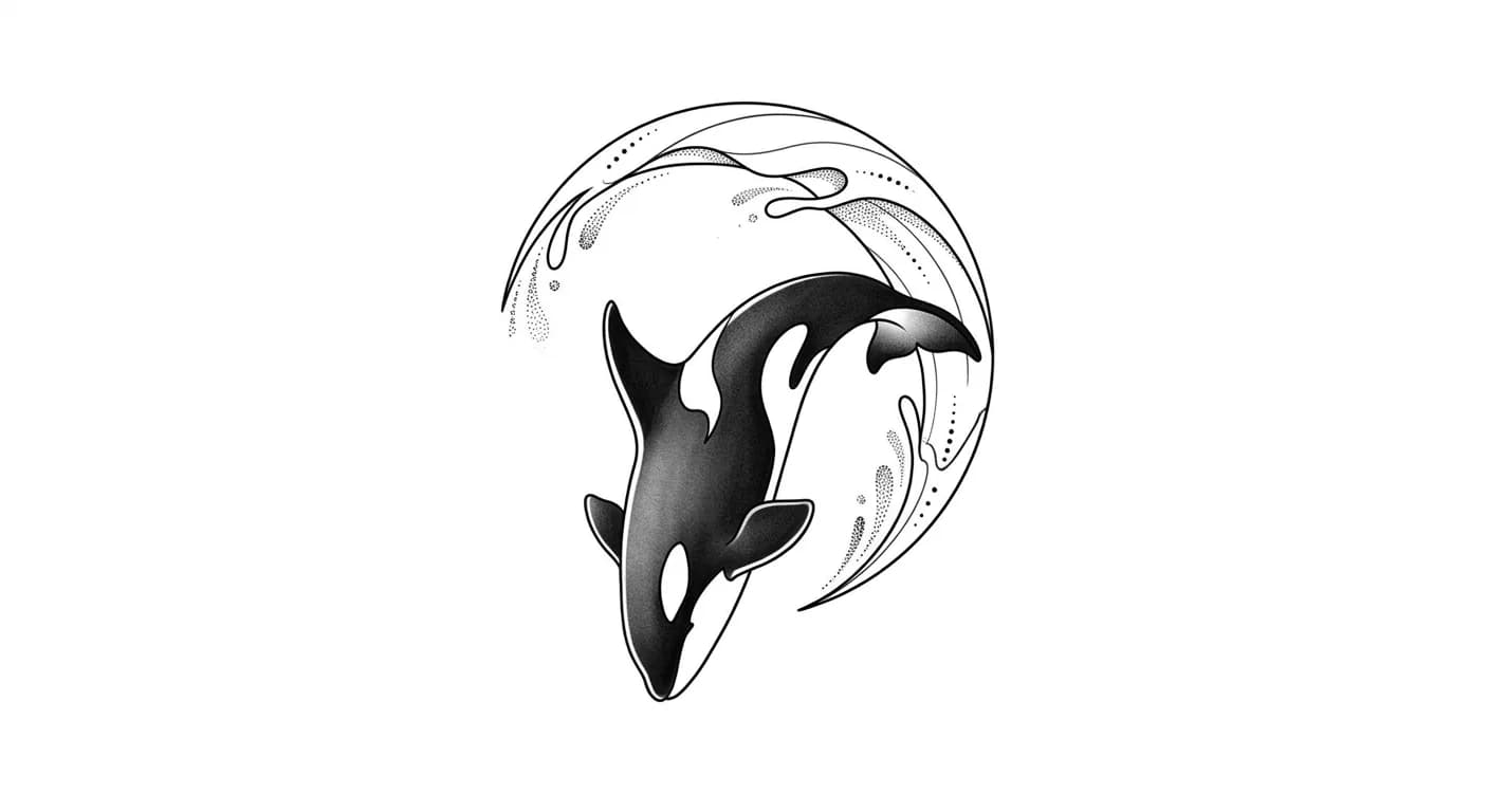 single-needle orca wave tattoo, orca diving downward through crescent wave line, fine dotwork and bold saddle patches, compact tattooable design for minimalist orca tattoo inspiration