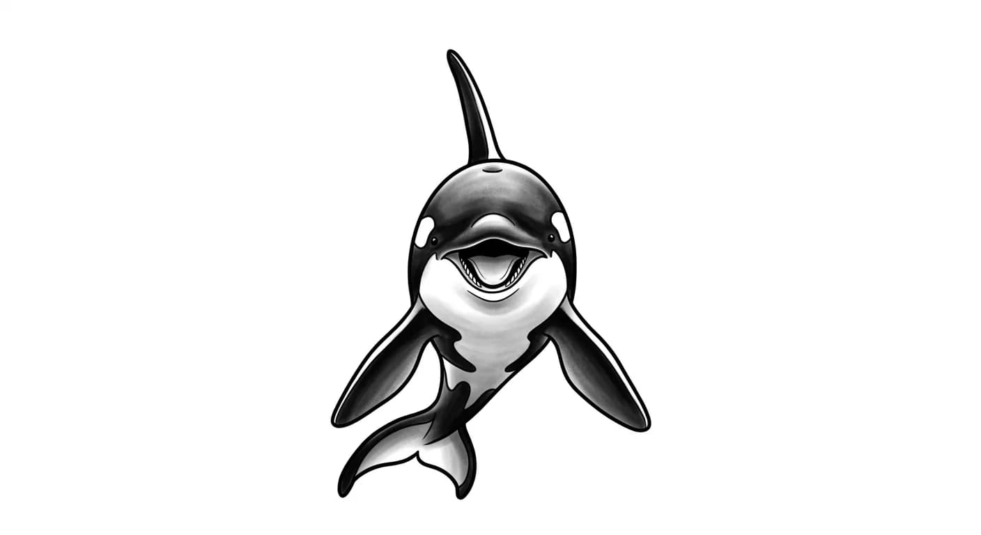 black and grey orca tattoo flash, front-angle orca face with pectoral fins visible, smooth grey wash, bold clean outline, not cartoon for minimalist orca tattoo inspiration