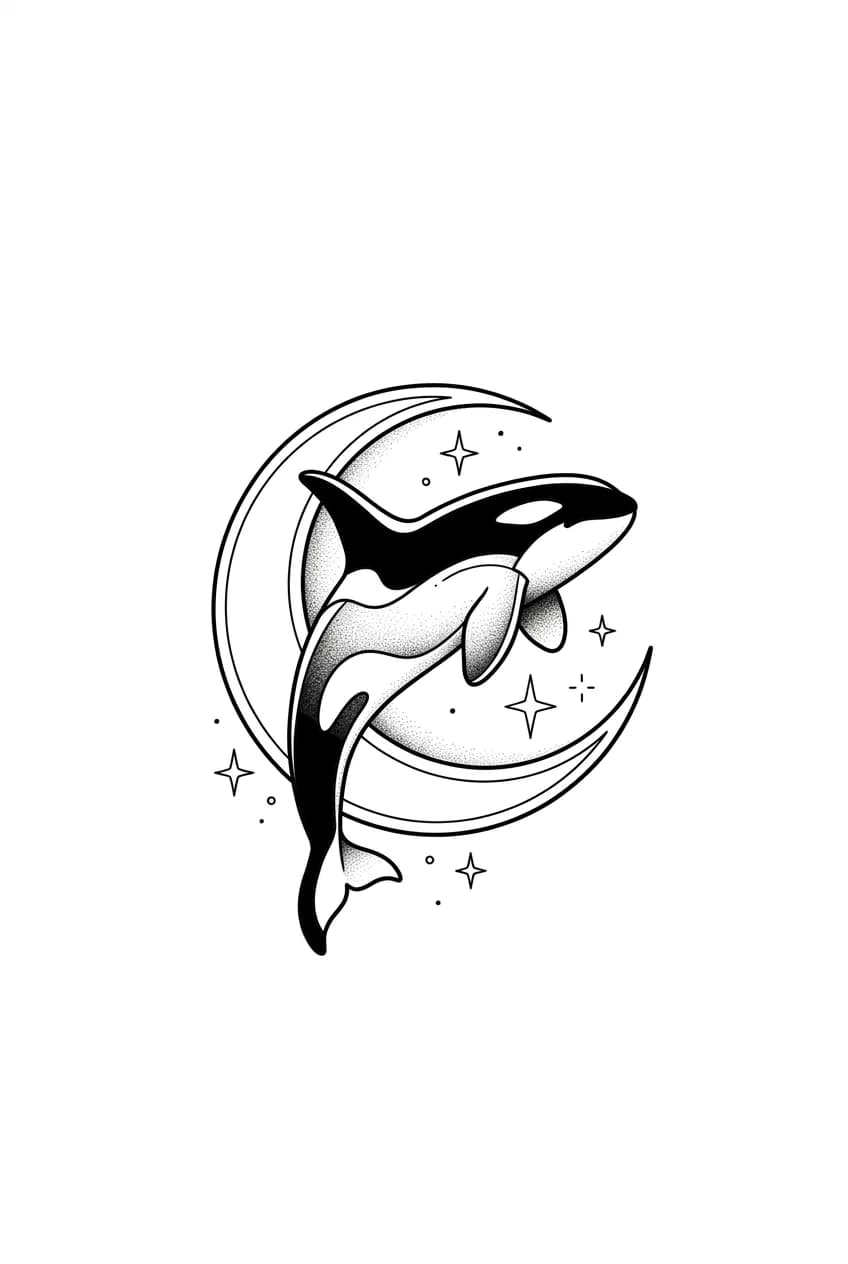 minimalist orca moon tattoo, curved orca wrapping around crescent moon shape, blackwork contrast and clean line accents, finished tattoo flash for minimalist orca tattoo inspiration