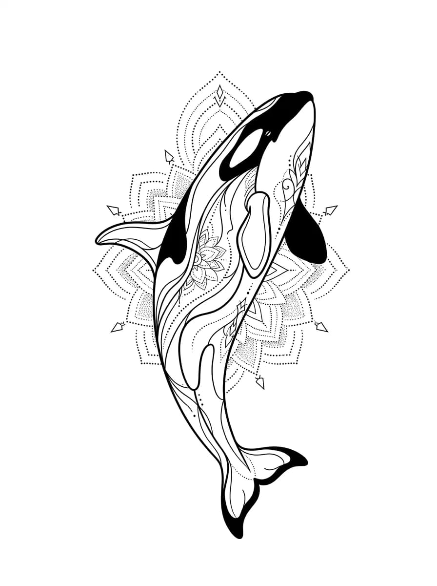 ornamental minimalist orca tattoo, vertical orca with symmetrical dotwork mandala accents behind it, bold black patches, pure white flash sheet inspiration