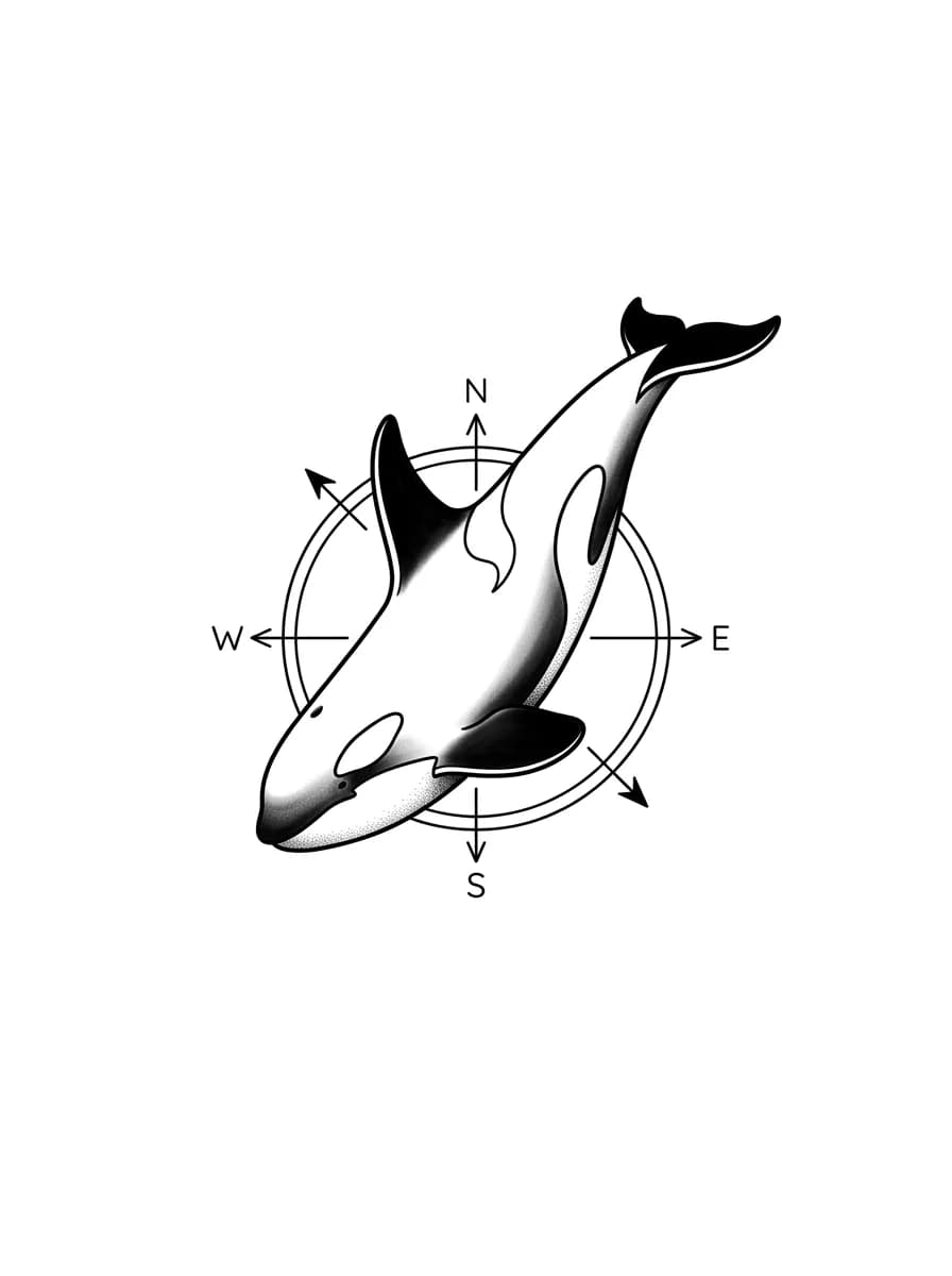 minimalist orca and compass tattoo stencil, compact orca silhouette crossing small compass circle, fine line plus blackwork, tattoo-ready no text for minimalist orca tattoo inspiration