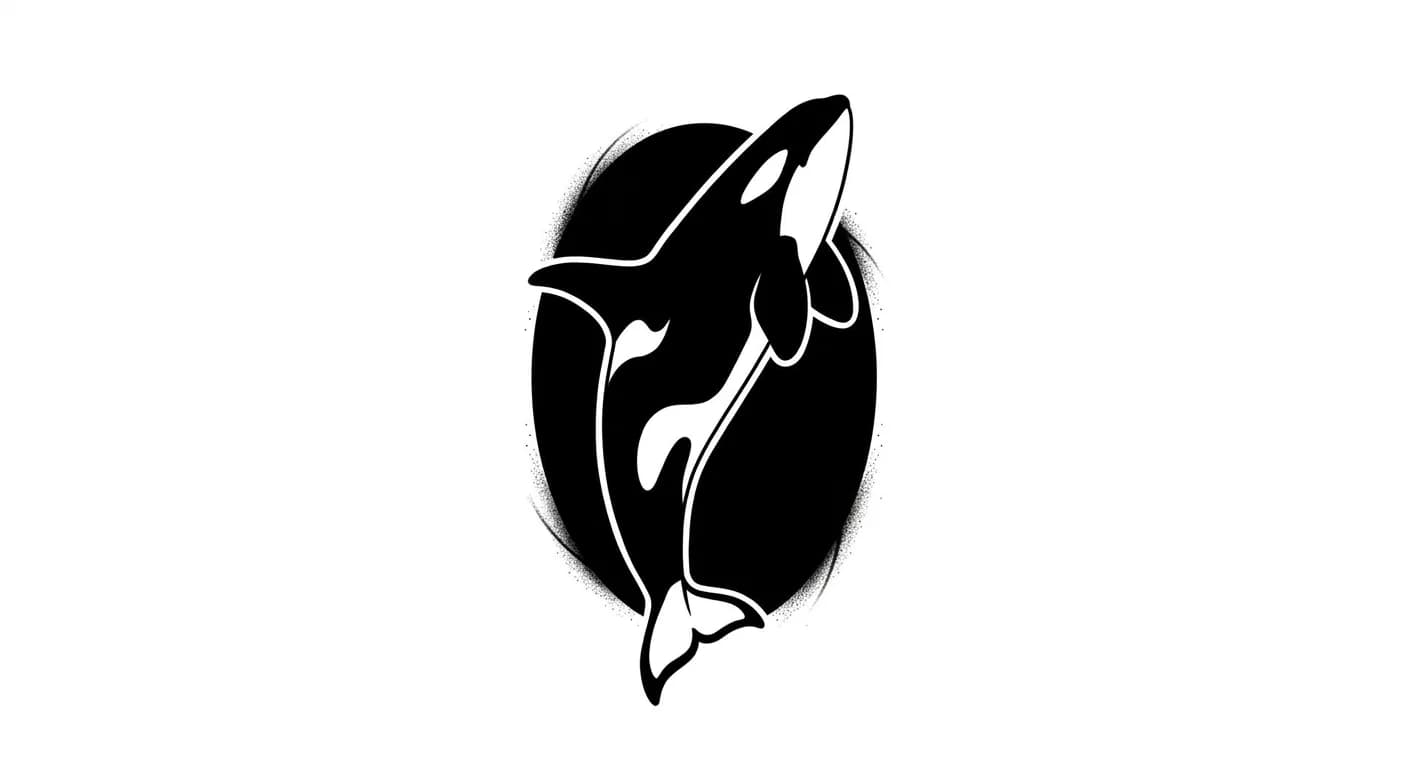 abstract negative-space orca tattoo, black oval ocean shape with orca cut out in white negative space, crisp tattoo stencil, high contrast for minimalist orca tattoo inspiration