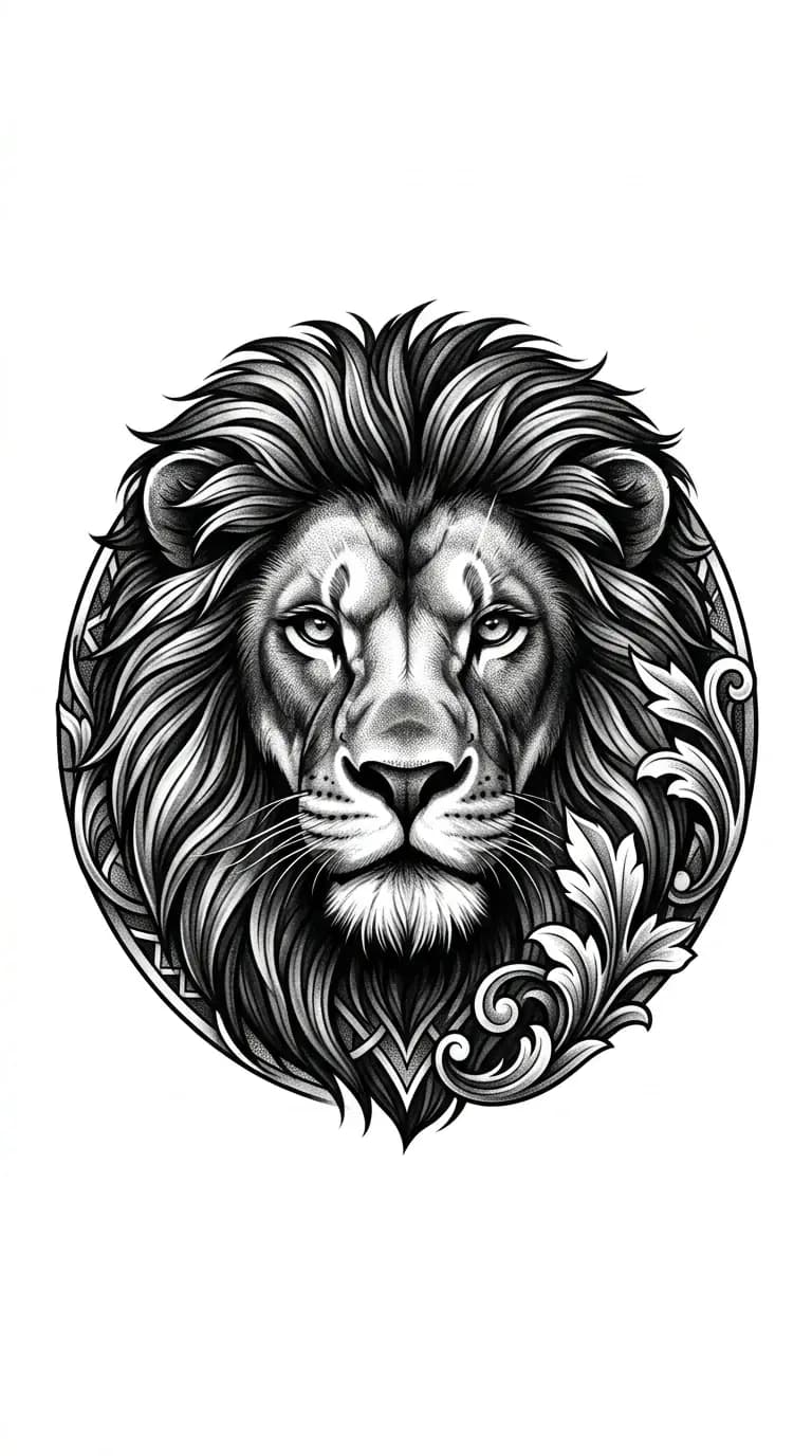 black and grey lion shoulder tattoo design for men, circular shoulder cap composition, bold mane, high contrast realism, tattooable flash on pure white background
