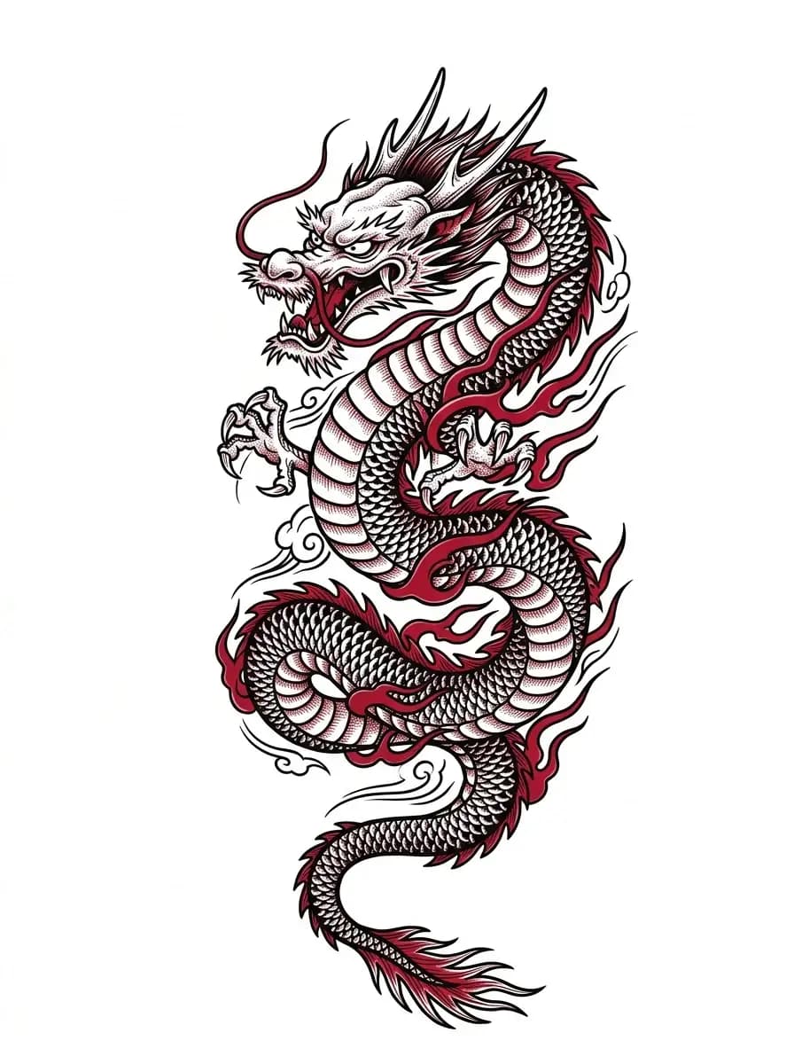 Japanese dragon shoulder tattoo design for men, curved dragon body wrapping around shoulder cap, bold black linework with red accents, tattoo flash on pure white background