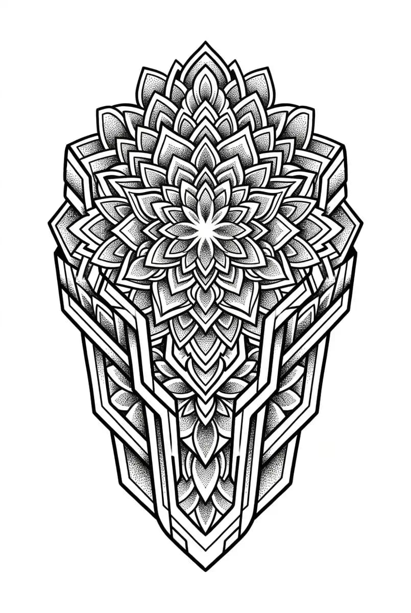 geometric shoulder tattoo for men, symmetrical mandala armor plate composition, crisp black ink, dotwork, designed for shoulder cap placement on pure white background