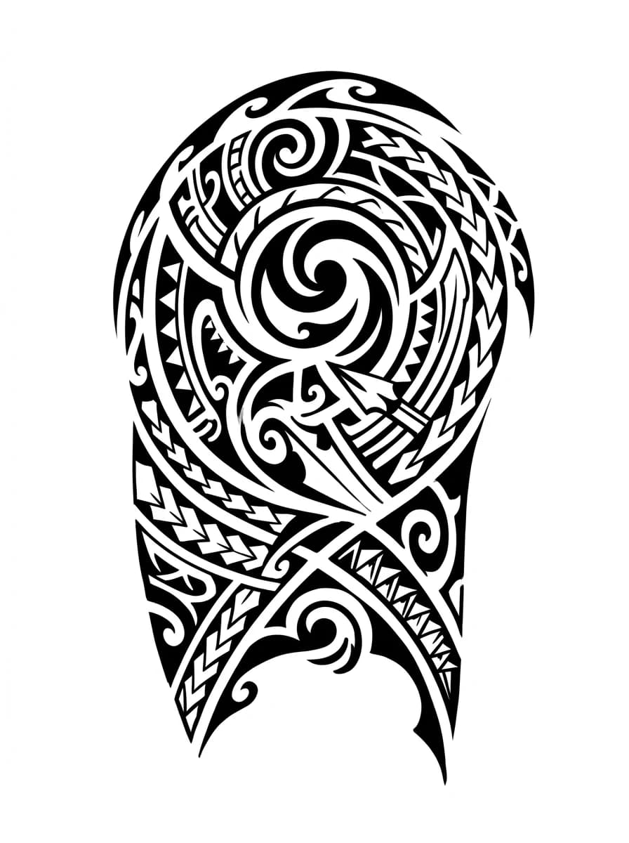 tribal shoulder tattoo design for men, bold Polynesian-inspired abstract blackwork arcs, shoulder cap layout, clean readable shapes on pure white background