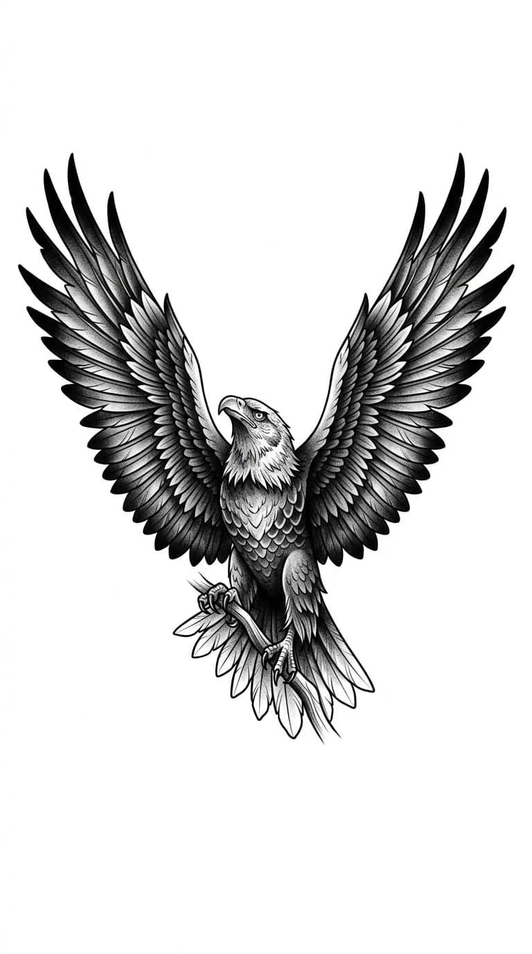 eagle shoulder tattoo design for men, spread wings arranged for chest to shoulder placement, black and grey tattoo flash, strong silhouette on pure white background