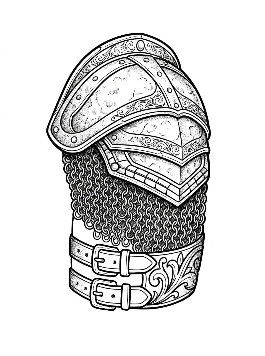 armor shoulder tattoo design for men, gladiator plate and chainmail inspired blackwork, rounded deltoid cap composition, stencil-friendly on pure white background