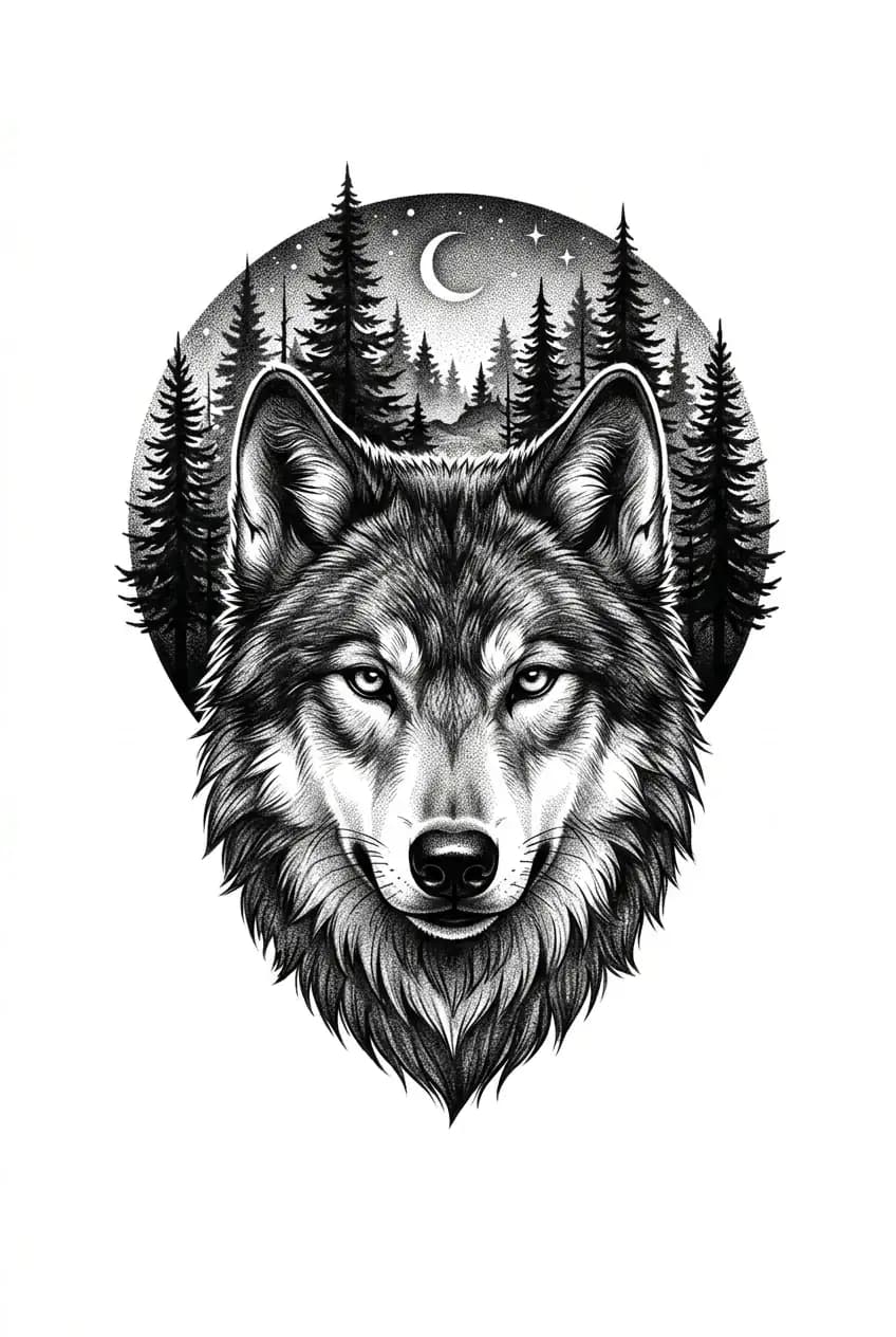 wolf shoulder tattoo design for men, black and grey wolf head with pine forest framing, rounded shoulder cap composition, tattoo flash on pure white background