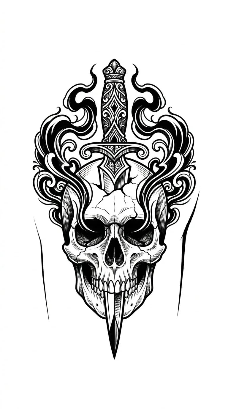 skull shoulder tattoo design for men, blackwork skull with dagger and smoke shapes, compact upper shoulder layout, bold readable ink on pure white background