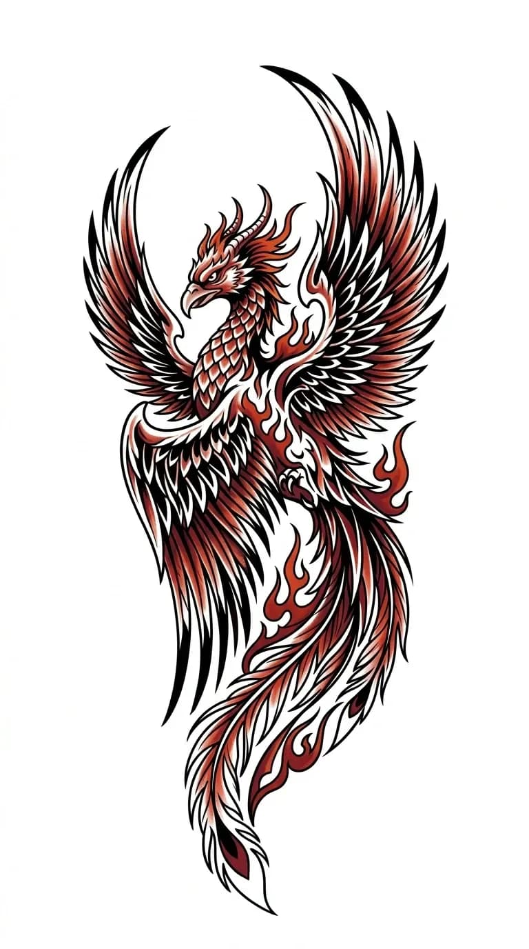 phoenix shoulder tattoo design for men, sweeping wings built for shoulder to upper arm flow, strong black outlines with warm red accents, tattoo flash on pure white background