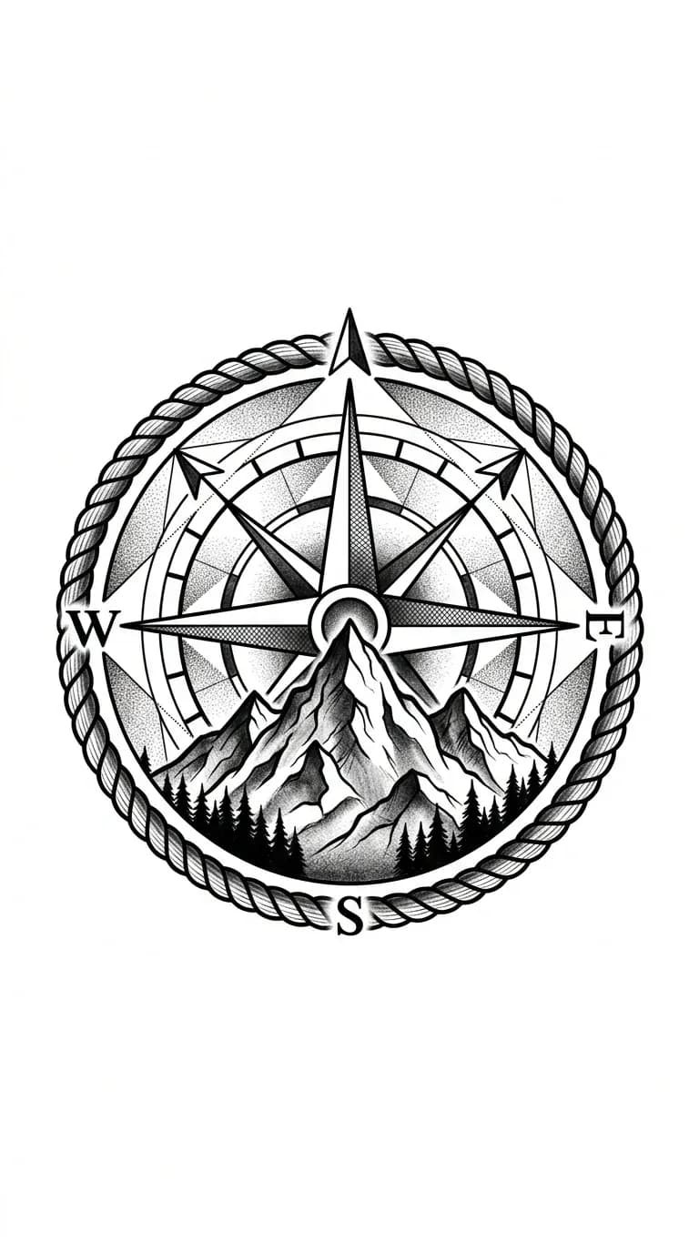 compass shoulder tattoo design for men, compass rose with mountain silhouette and rope frame, circular shoulder cap composition, black and grey tattoo flash on pure white background